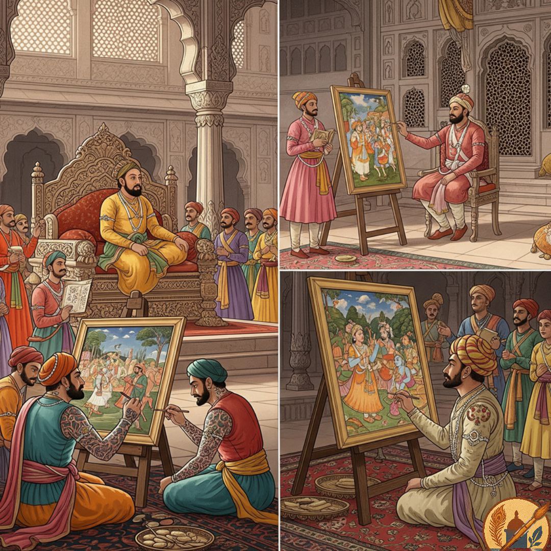 Mughal Emperor Akbar’s court with artists painting royal scenes, alongside a Rajput ruler commissioning vibrant Ramayana paintings in a richly decorated palace.