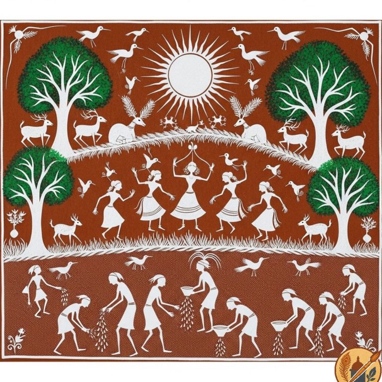 A celebration of tribal life – Warli art portraying farming, rituals, and the circle of life through the Tarpa dance.