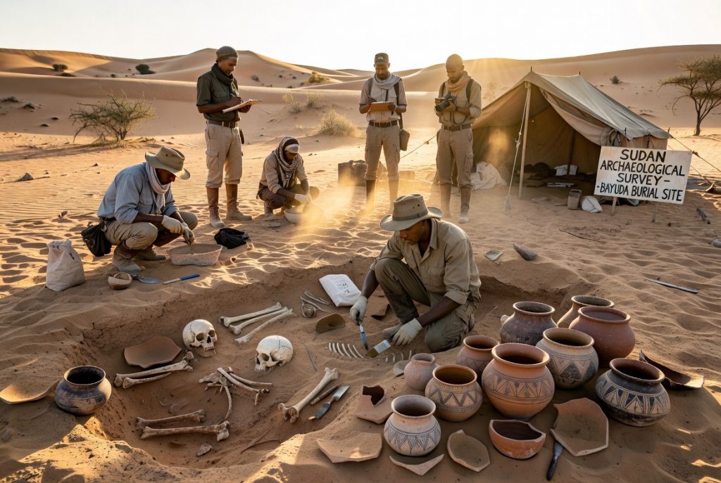Archaeologists uncovering a 4,000-year-old Kerma grave in Sudan’s Bayuda Desert